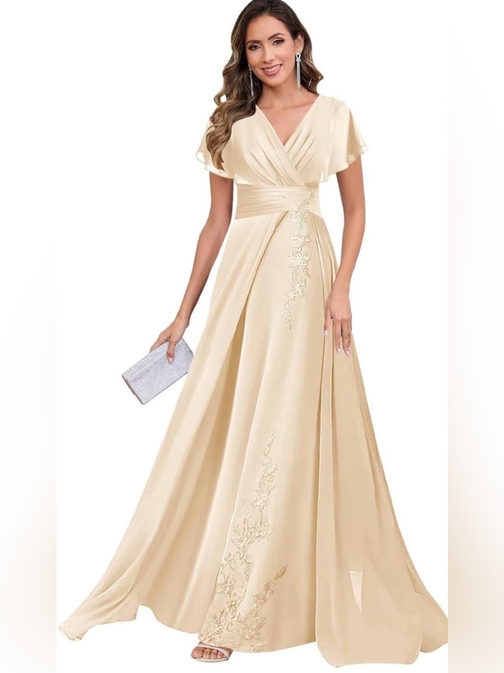 Elegant Cream V-Neck Evening Gown with Embroidered Detail